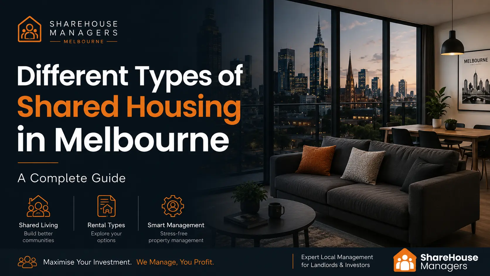 Different types of shared housing in Melbourne guide featuring a modern share house living room with city views